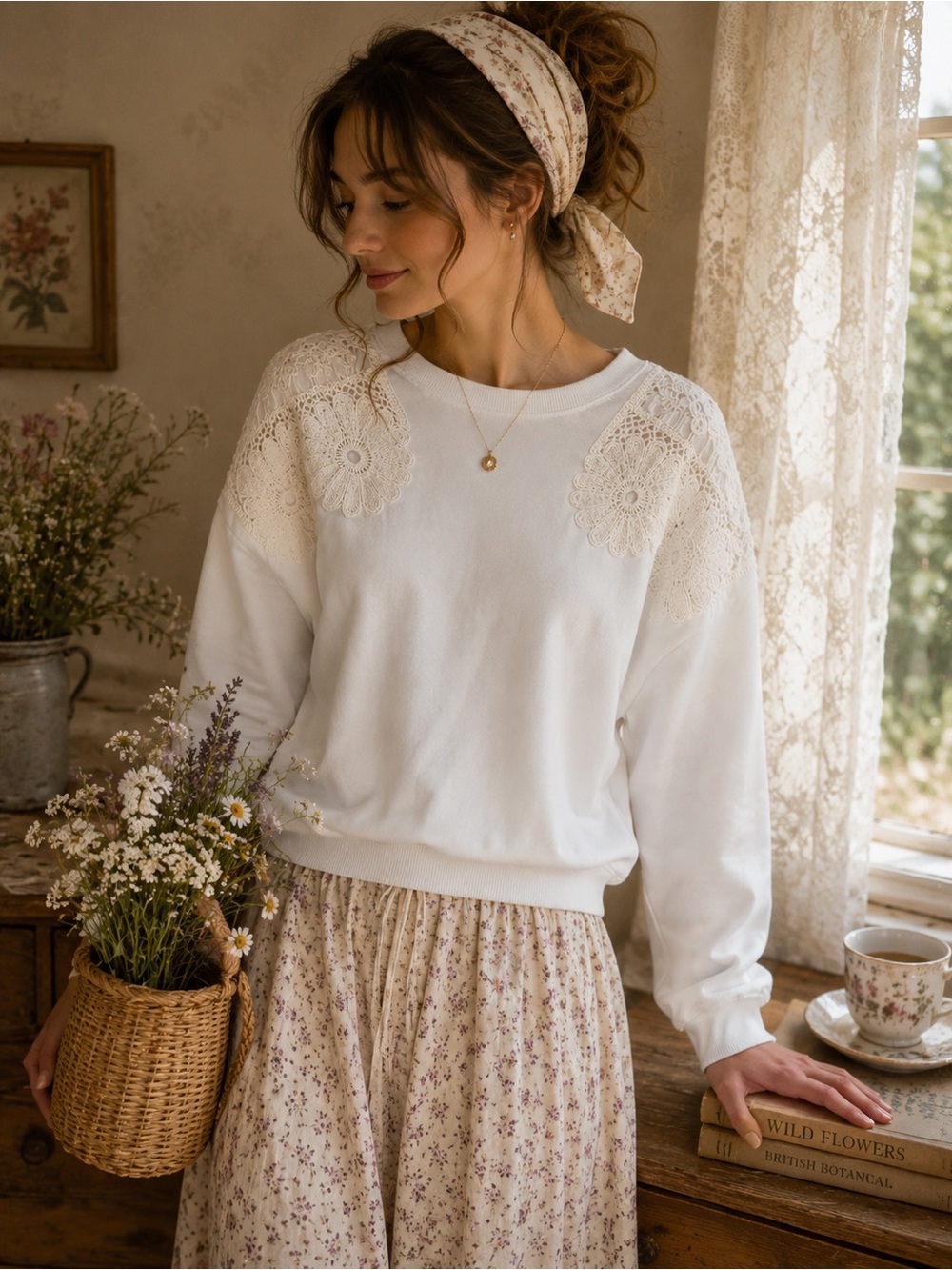 American Eagle White Floral Lace Sweatshirt Women’s Medium Cozy Casual‎ Pullover